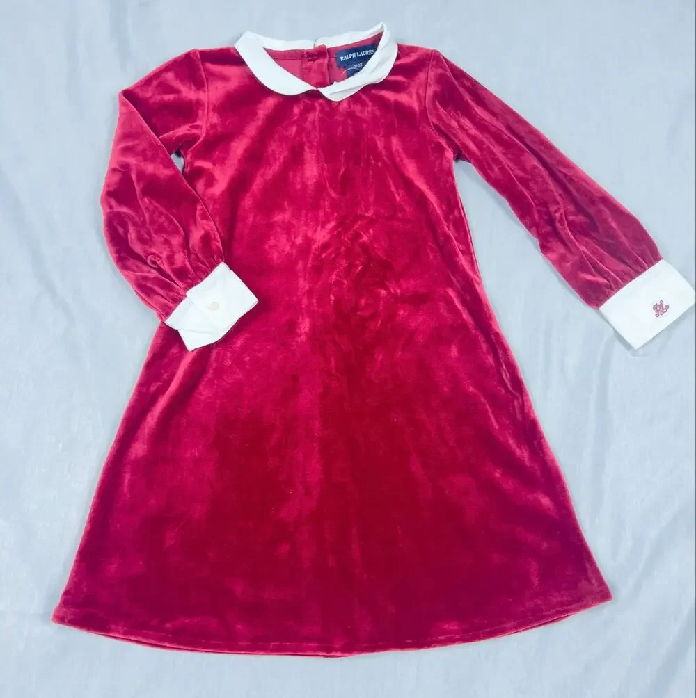 Vintage Ralph Lauren Girls 3T Red Velour Peter Pan Collar Holiday Dress NWOT Y2K